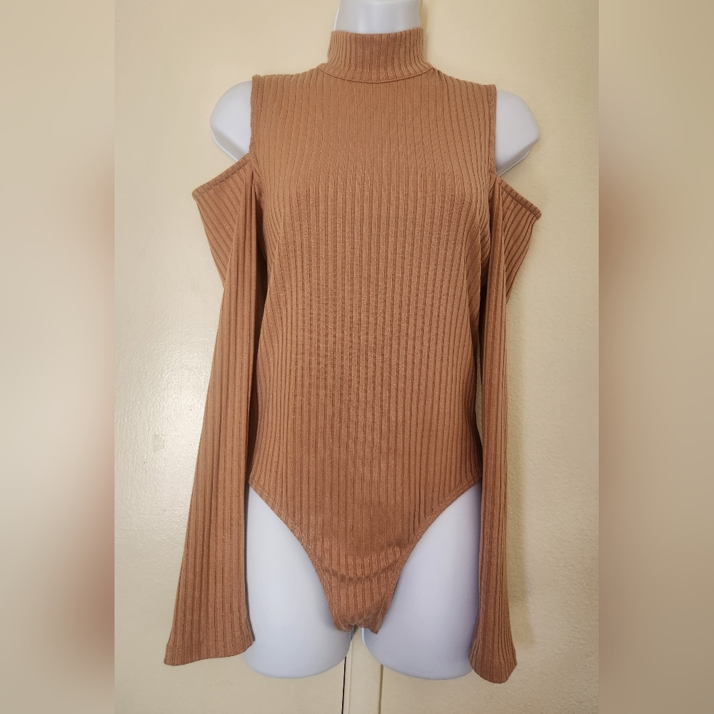 Forever 21 Tan Ribbed Cold Shoulder Bodysuit
